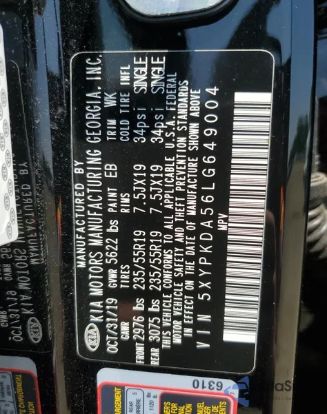 2020 Kia Sorento Sx z USA, uszkodzony, nr VIN 5XYPKDA56LG649004